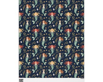 Papel de embrulho com sereias e gato-sereia, criaturas marinhas fantásticas.