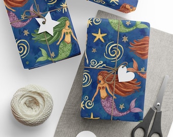 Papel de embrulho com aquarela de sereia encantadora, sereias e estrelas-do-mar.