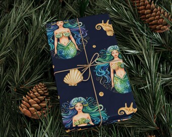 Papel de embrulho com sereia, estampa de concha e estrela-do-mar, tema oceano.