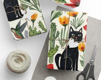 Papel de embrulho com estampa floral aquarela do deserto, gato preto, cacto encantador, papoula, beija-flor e gato.