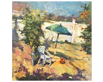 Vintage Оriginal oil painting by A. Demydenko, "Summer Beach Vacation”. Beach Umbrella. Sunny Patio. Vacation Painting. Rural Motif