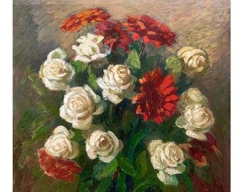 Vintage original oil painting by A. Solodovnikov, Bouquet of Roses, White and Red Flowers, Floral Still Life, Cozy Home Decor, Botanical Art