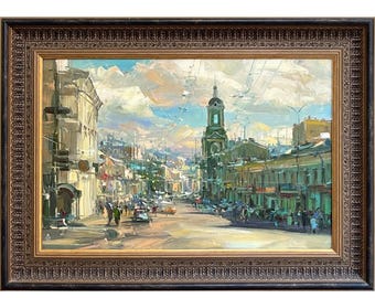 Vintage Original Framed Oil Painting Impressionism Cityscape "Sunny City Downtown Street"  Alexander Dubovskiy One-of-a-kind 2006 30" Signed