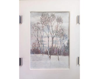 Dibujo gráfico vintage Boceto de invierno Artista ucraniana A. Solodovnikova Década de 1970 Arte con naturaleza nevada, Árboles bajo la nieve, Paisaje forestal, Naturaleza