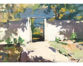 Pintura al óleo impresionista original de A. Demydenko «Paisaje marino. Puerta de acceso a la playa». Día soleado. Juego de luces.