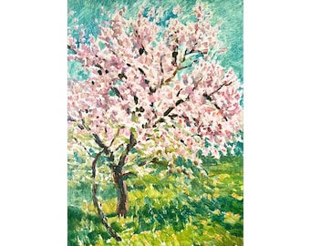 Dipinto ad olio originale d'epoca di A. Solodovnikov, Albero in fiore primaverile, Giardino in fiore, Paesaggio impressionista, Arte naturalistica vibrante