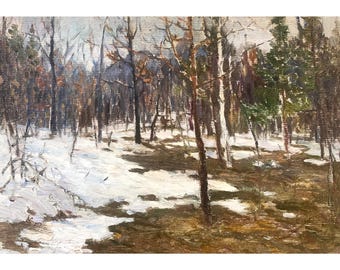 Vintage original oil painting by Ukrainian artist I.Vorobyov Winter Forest, Snowy Woods, Rural Art, Nature Landscape, Pine Trees, Winter Art