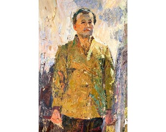 Dipinto ad olio originale d'epoca dell'artista ucraino A. Solodovnikov, Ritratto maschile, Uomo con camicia gialla, Arte figurativa, Pittura impressionista