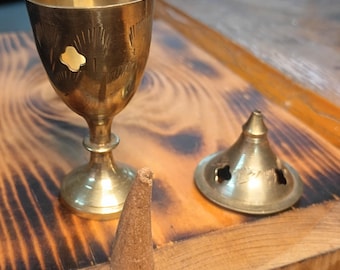 Vintage Etched Brass •From My Private Collection • Tall Cone/Backflow Incense Burner Unused 1960's-1970's