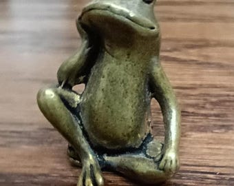 Aged Retro Miniature Brass Frog Anthropomorphic Thinking Whimsical Frog Figurine