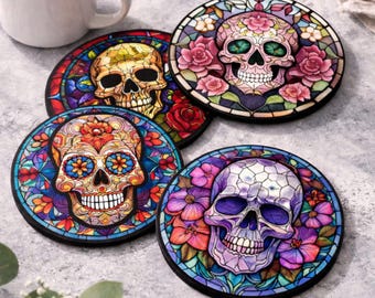 Skull Coasters Gothic Floral Pattern Drink Coaster Set