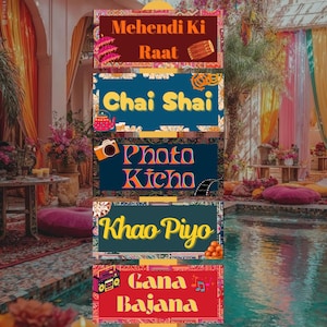 Puede incluir: Un conjunto de letreros coloridos con texto en varios estilos y fuentes. Los letreros incluyen frases como "Mehendi Ki Raat", "Chai Shai", "Photo Kicho", "Khao Piyo" y "Gana Bajana". Los letreros están decorados con ilustraciones.