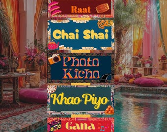 Conjunto de signos Mehndi, Signos Mehndi Ki Raat, Chai Shai, Khao Piyo, Gana Bajana, Foto Kicho, Decoración de bodas paquistaníes, Canva
