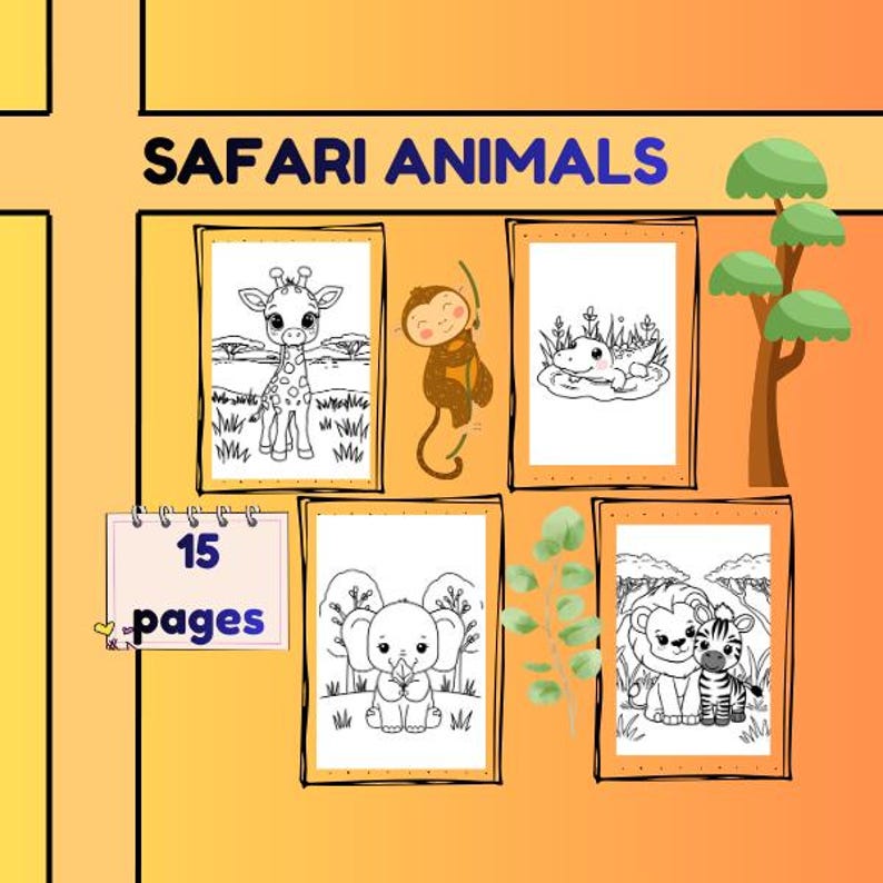 Kawaii Baby Safari Animals Coloring Pages – 15 Printable Line Art for ...