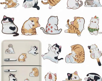 Kit de 16 imanes para pintura de diamantes con diseño de gato, kit de pintura de gemas adhesivas, regalos de arte y manualidades DIY