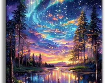 Kit de pintura Diamond Art Aurora Lake, paisaje nocturno estrellado brillante
