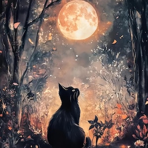 May include: A black cat sits in a forest, gazing up at a large, orange full moon. The artwork features a dark, moody color palette with hints of orange and red, creating a mystical and enchanting scene. The cat is the focal point, surrounded by trees and foliage.