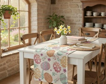Camino de mesa con huevos de Pascua en acuarela, decoración de mesa de comedor para la cocina y la primavera, decoración para fiestas en casa.