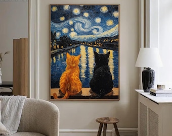 Kit de pintura de diamantes de gato DIY, arte de noche estrellada