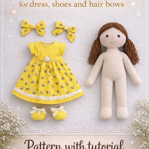 May include: A yellow dress, shoes, and hair bows with a bee pattern are displayed next to a doll. The dress has a white lace trim. The image includes the text "Pattern with tutorial for dress, shoes and hair bows."