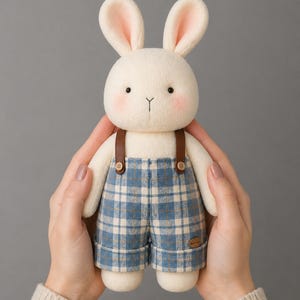 Könnte beinhalten: Eine weiße Plüsch-Hasenpuppe mit rosa Innenohren und rosigen Wangen. Der Hase trägt eine blau karierte Shorts mit braunen Hosenträgern. Die Puppe wird von zwei Händen vor grauem Hintergrund gehalten.