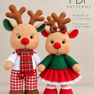 May include: Two plush reindeer dolls with brown antlers and red noses. The left doll wears a white shirt, red plaid scarf, and red plaid trousers. The right doll wears a green sweater, red skirt with white lace trim, and red shoes. Text reads: PDF PATTERNS 43 to 47 cm (17 to 18.5 inches) Photo and text tutorial included.
