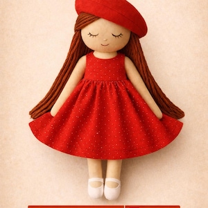 Könnte beinhalten: Handgemachte Puppe mit langen braunen Haaren, die ein rotes Kleid und eine Baskenmütze trägt. Die Puppe ist 15 cm groß und hat geschlossene Augen. Das Kleid hat ein weißes Tupfenmuster. Die Puppe trägt weiße Schuhe.
