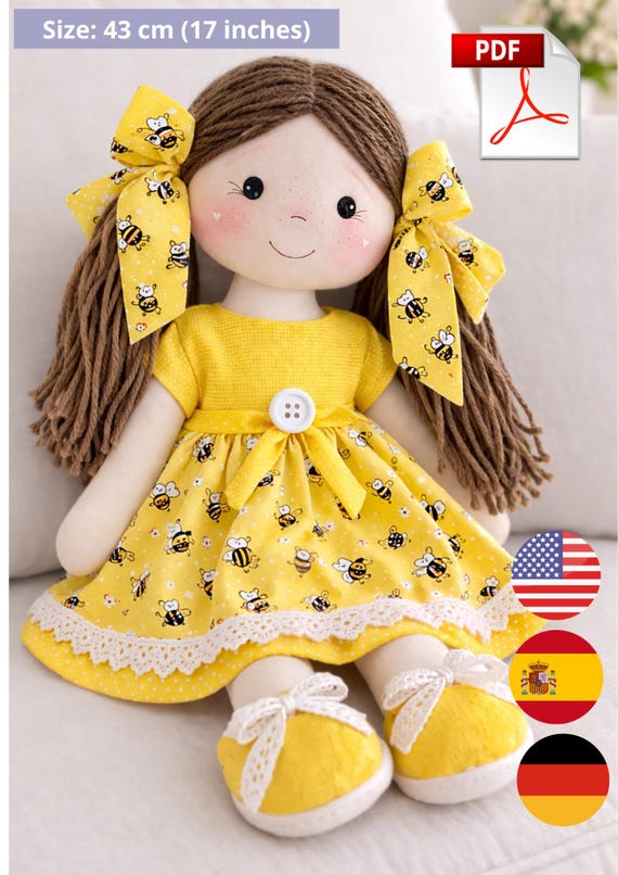 Lanne Rag Doll Pattern PDF – 43 cm Cloth Doll Sewing Pattern with Dress, Hair Bow and Shoes – Step by Step Tutorial – DIY Handmade Doll Patt