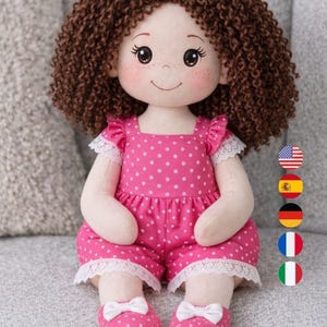 Lais-poppatroon + jurk + schoenen | Pdf-sjabloon | Uiteindelijke lengte van de pop: 47 cm | Engels + Spaans + Duits + Frans + Italiaans