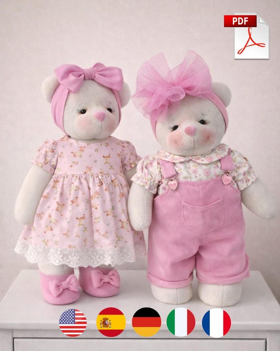 Teddy Bear Sewing Pattern PDF 45cm & 42cm – 2 Outfits Included – Plush Bear Pattern – Stuffed Animal Toy – Instant Download – 5 Languages