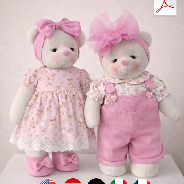 Naaipatroon teddybeer pdf 45 cm en 42 cm – 2 outfits inbegrepen – patroon pluche beer – knuffeldier – direct te downloaden – 5 talen