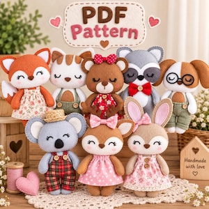 Könnte beinhalten: Eine Sammlung von acht handgefertigten Filzpuppen in Form von Fuchs, Katze, Bär, Waschbär, Hund, Koala, Reh und Hase. Jede Puppe trägt detaillierte Kleidung wie Kleider oder Latzhosen. Der Text PDF Pattern ist oben zu sehen.