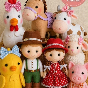 Op de afbeelding: Een verzameling handgemaakte vilten boerderijdierpoppen, waaronder een kip, een paard, een koe, een schaap, een varken en twee boerenpoppen. De poppen zijn felgekleurd en versierd met strikken en hoeden. De afbeelding bevat de tekst "Easy PDF Pattern + Tutorial".