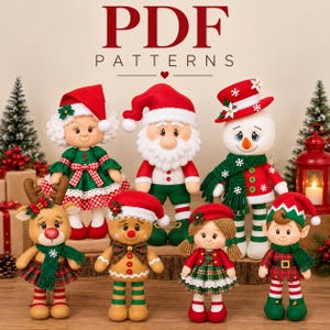 May include: A collection of seven handmade felt dolls featuring Christmas themes, including a Santa Claus, a snowman, a reindeer, an elf, and three figures in festive outfits. The text "PDF PATTERNS" is displayed at the top of the image.