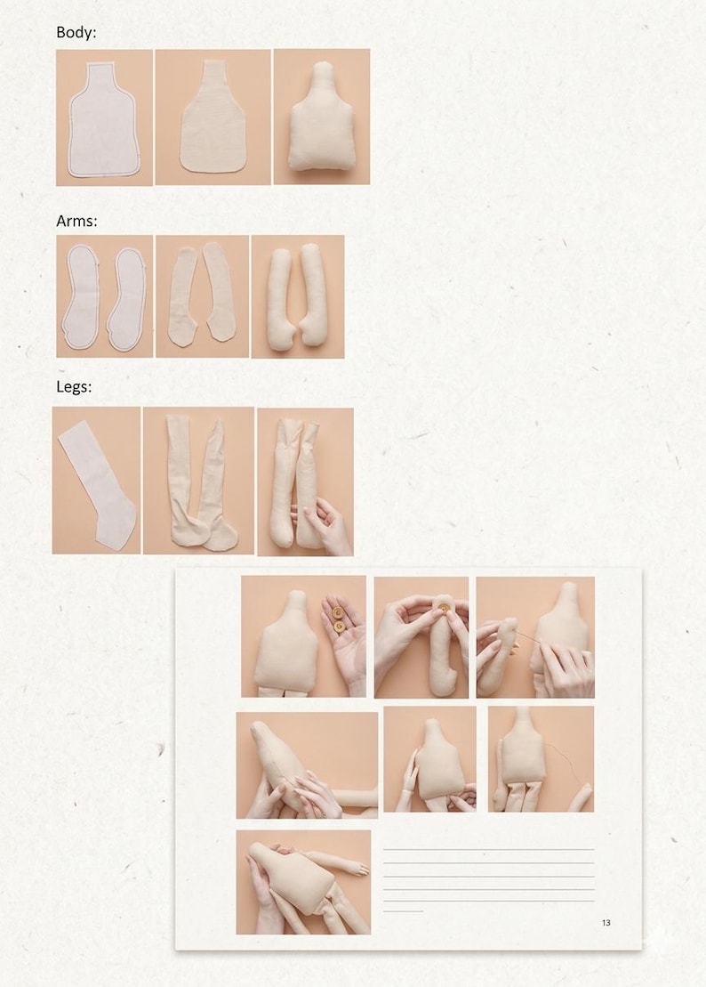 May include: Step-by-step instructions for creating a fabric doll. The image shows the body, arms, and legs in various stages of completion. The instructions include sewing the doll's parts together. The doll is made of a light beige fabric.