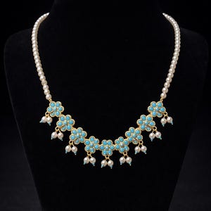 Handmade Polki Diamond Blue & White Pearl Ruby Necklace with earrings - Flower Shape Pendant – 22 Carat Gold | Raw uncut Diamonds