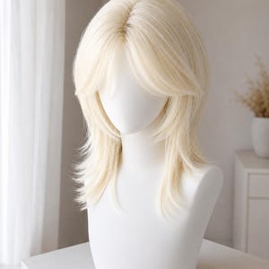 Peut inclure: Une perruque mi-longue avec une coupe dégradée, effilée et une frange rideau dans une teinte blond platine pâle. Les cheveux présentent une raie centrale et des pointes texturées encadrant le visage, sur un mannequin blanc lisse.