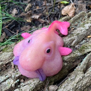 May include: A pink and purple blob fish sculpture with black eyes and a protruding tongue. The sculpture is resting on a piece of weathered wood, with green foliage in the background.