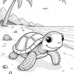 Op de afbeelding: Zwart-wit illustratie van een zeeschildpad op een zandstrand met een palmboom, zeester en schelpen. De schildpad heeft een lachend gezicht en bevindt zich in de buurt van de oceaan. Twee vogels vliegen in de lucht.
