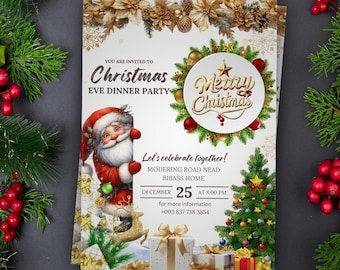 May include: Christmas Eve Dinner Party invitation. The design features Santa Claus, a Christmas tree, and gift boxes. The invitation includes the text "Merry Christmas" and event details. The color palette includes gold, red, and green.