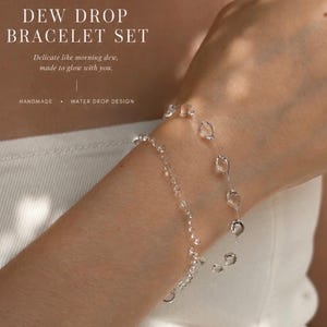 Conjunto de pulseras transparentes de resina UV con efecto cristal, joyería artesanal con forma de gota de rocío, pulseras minimalistas para novias. Conjunto etéreo de hilo flotante.
