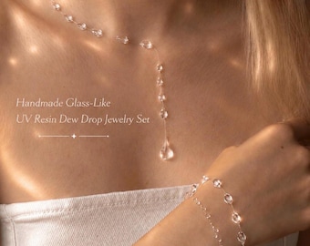 Klares Schmuckset „Tautropfen“, unsichtbare Halskette und Armband, glasartiger Brautschmuck, minimalistischer, transparenter Hochzeitsschmuck, ätherisches G