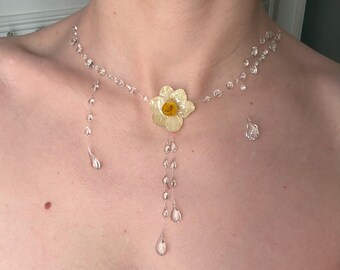 Real preserved daffodil flower water drop handmade transparent lightweight necklace