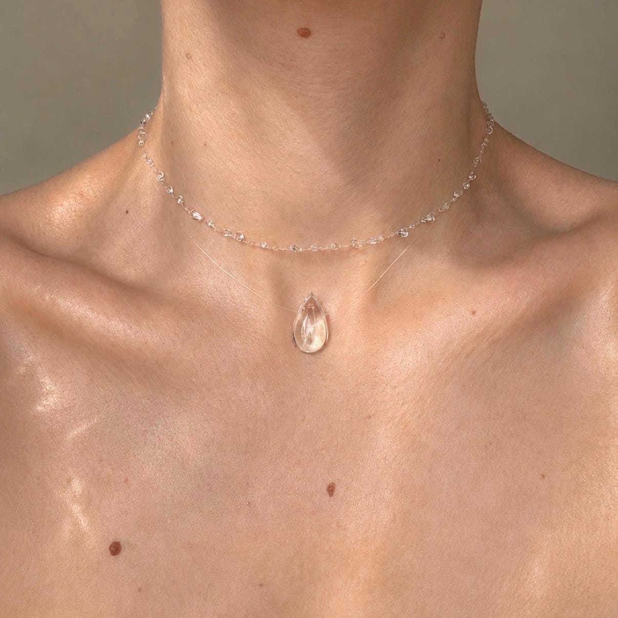 Dew drop choker set, handmade, uv resin necklace, invisible liquid floating transparent jewelry piece, minimalist clear and unique