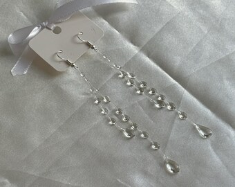 Handmade Water Drop Dangle Earrings, Minimalist Bridal Earrings, Clear Beaded Long Earrings, Elegant Wedding Jewelry,  Statement Earrings