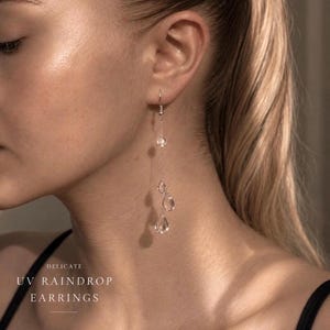 Peut inclure: Boucles d'oreilles pendantes composées d'un fil argenté fin avec une petite perle transparente et deux pendentifs en forme de goutte d'eau. Le texte DELICATE UV RAINDROP EARRINGS est imprimé à gauche. Elles sont fixées par un crochet argenté.