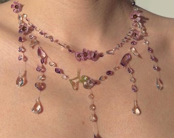 Lavender Dream Necklace, Pressed Flower Jewelry, Purple Crystal water Drop Necklace, Romantic Statement Necklace, Ethereal Floral Jewelry