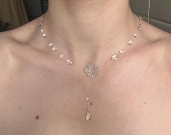 ClearMuse Liquid jewelry - Collar de rosa transparente con gotas de agua, hecho a mano con resina duradera