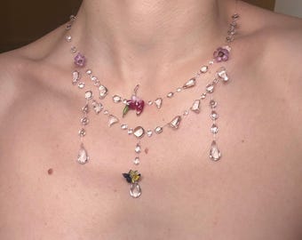 Water Drop Statement Necklace, Floral Bridal Necklace, Ethereal Layered Necklace, Handmade Clear Beaded Jewelry, Romantic Wedding Jewelry