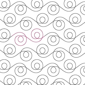 Könnte beinhalten: Ein sich wiederholendes Muster aus schwarzen, durchgehenden Linienwirbeln und Kreisen auf weißem Hintergrund, wobei ein Abschnitt in Magenta hervorgehoben ist. In der unteren rechten Ecke befindet sich ein Logo mit dem Text Hidden Thicket Quilts & Sew.